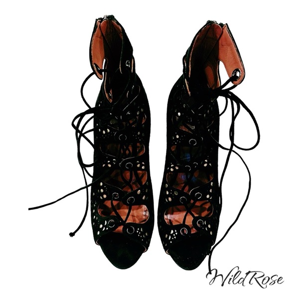 ALAIA AZZEDINE LASER CUT OUT BLACK SUEDE  GLADIATOR BOOTIE HEELS SZ 37.5 - Picture 6 of 17
